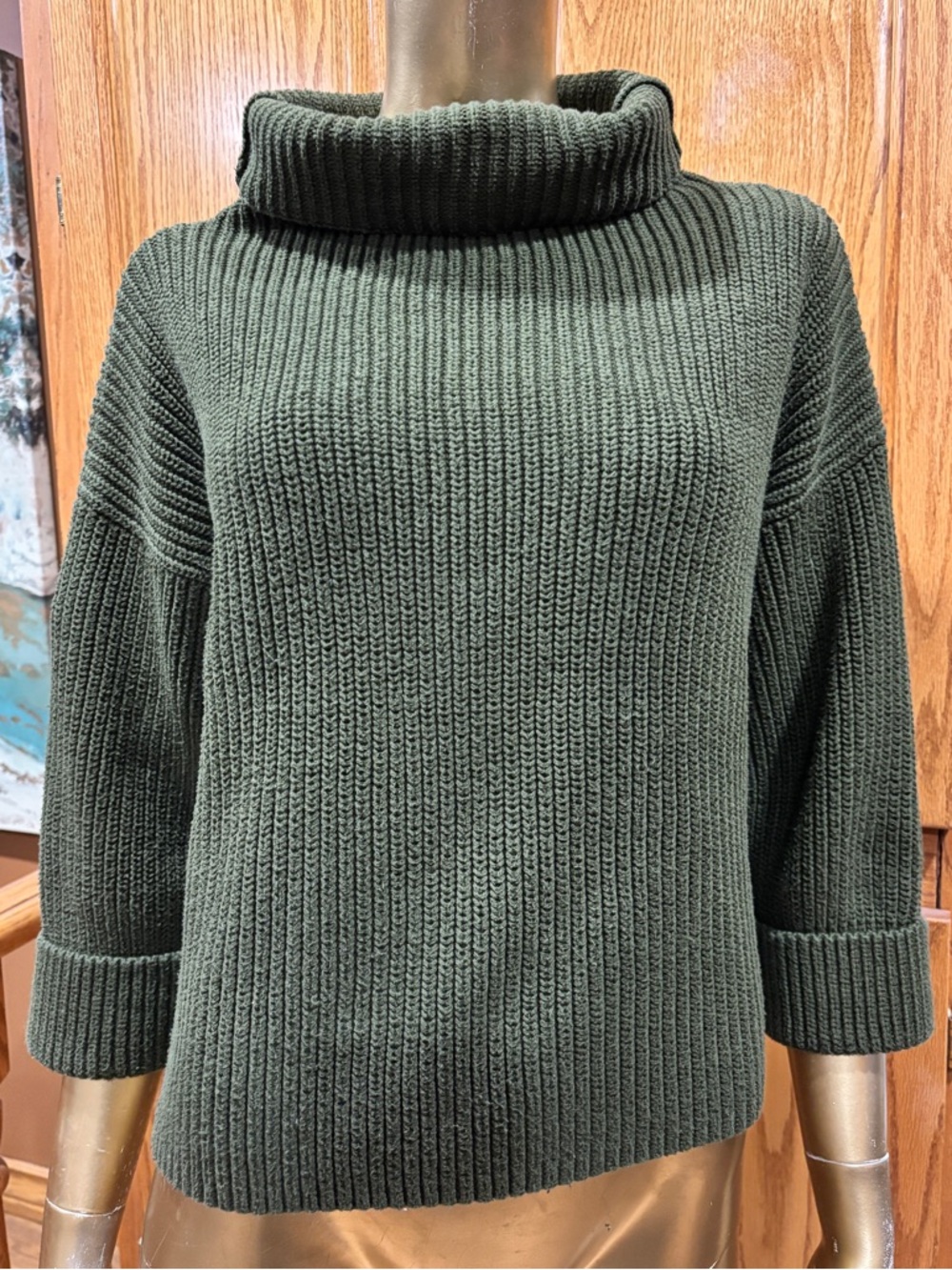 Lord & Taylor Olive Green Ribbed Cowl Neck Sweater